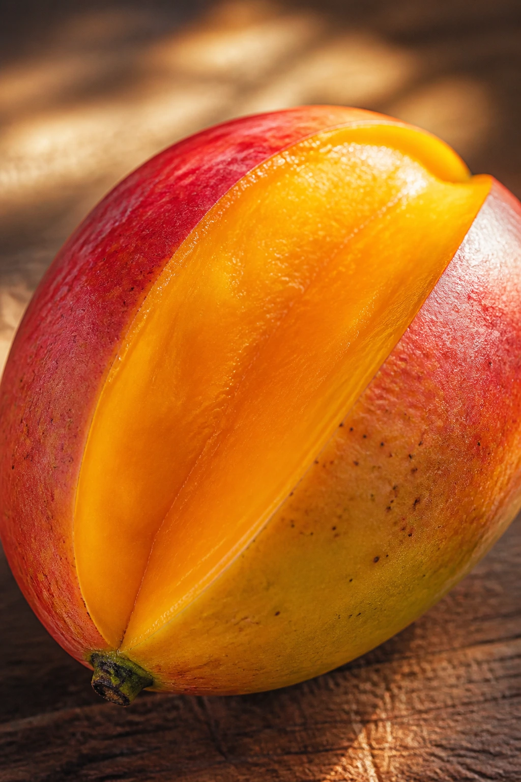 Ripe mango on wooden table bathed in warm light