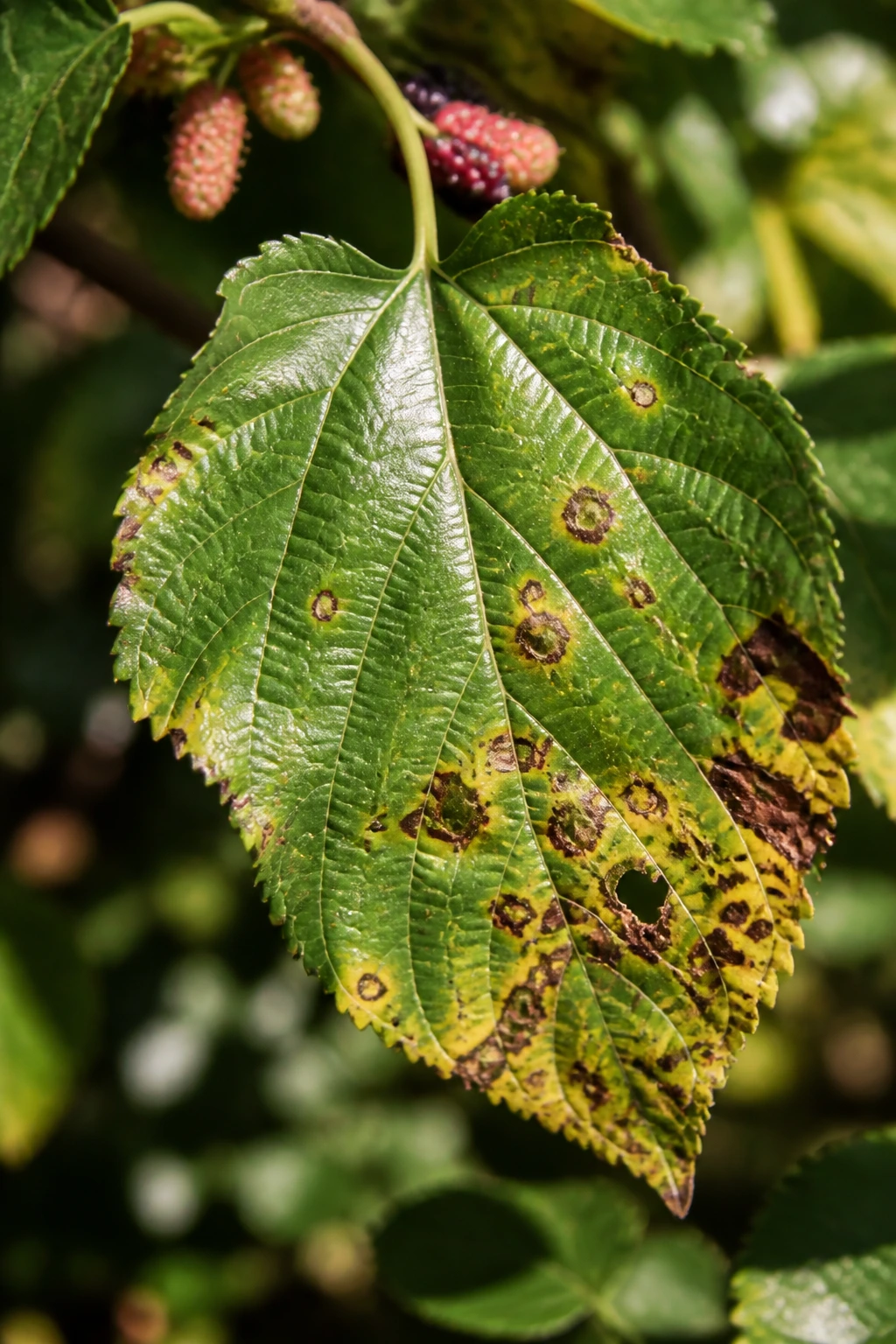 Mulberry leaf with disease spots in garden setting