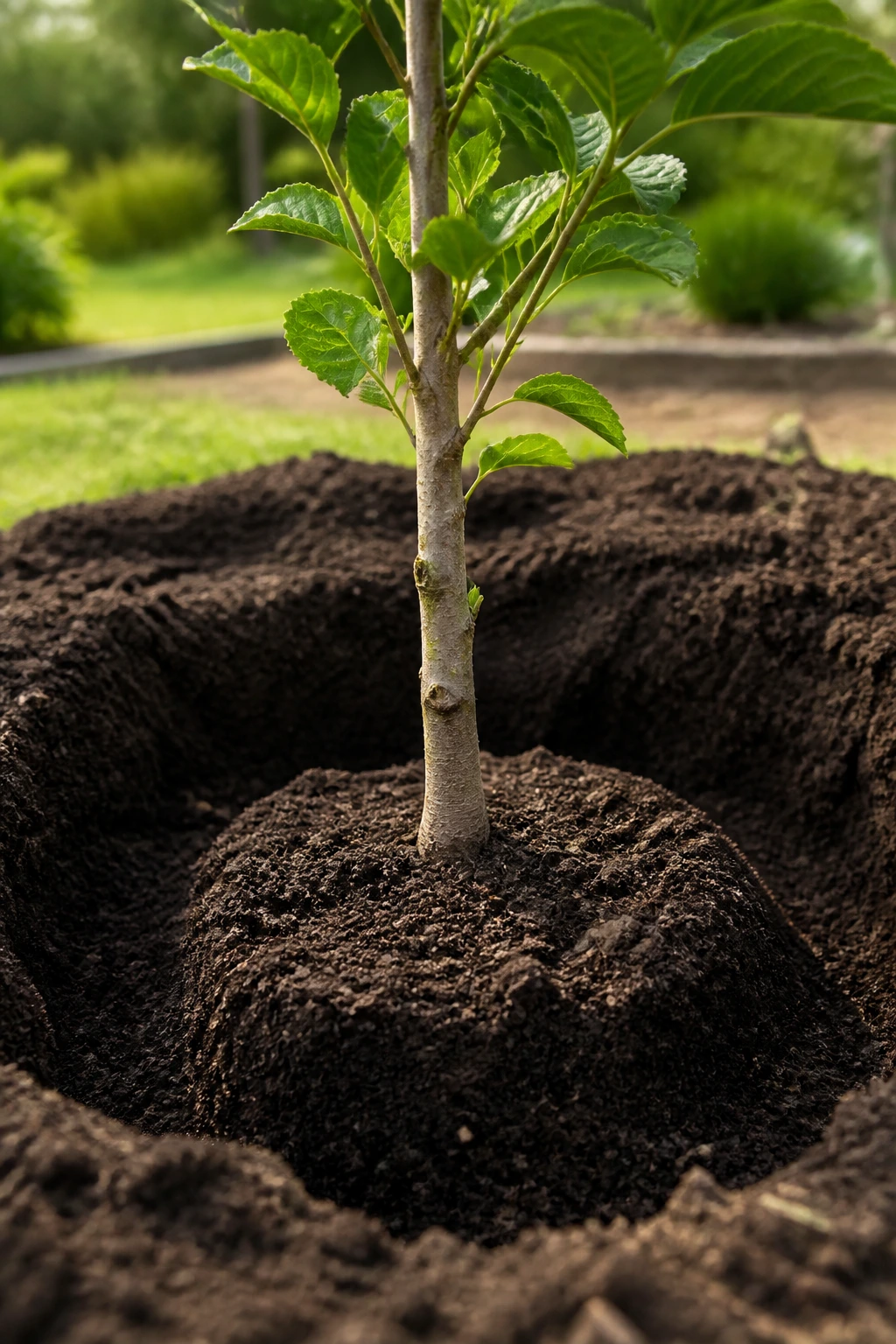 Newly planted mulberry tree in a hole with soil around the roots