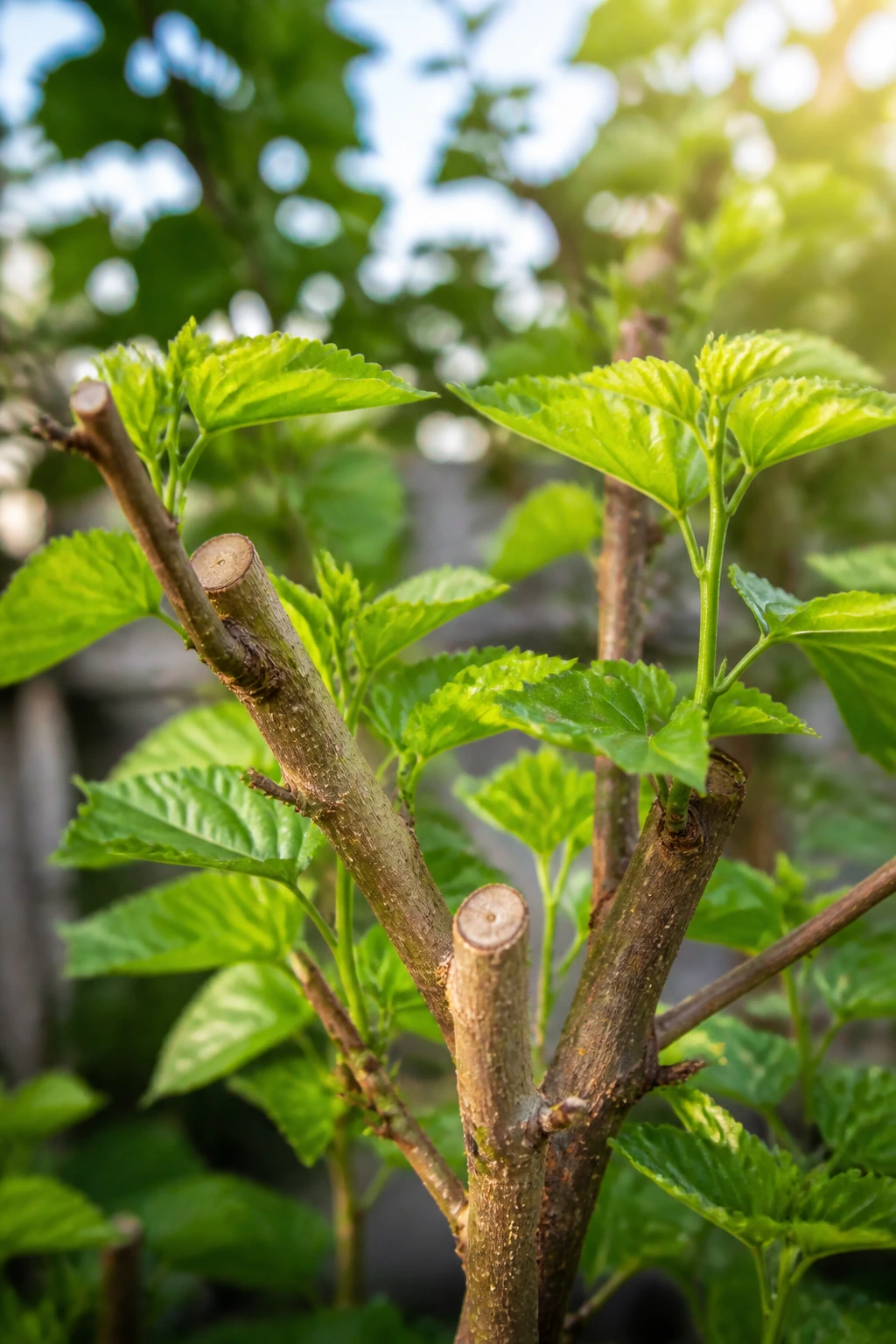 Mulberry tree limb with trimmed branches and new growth