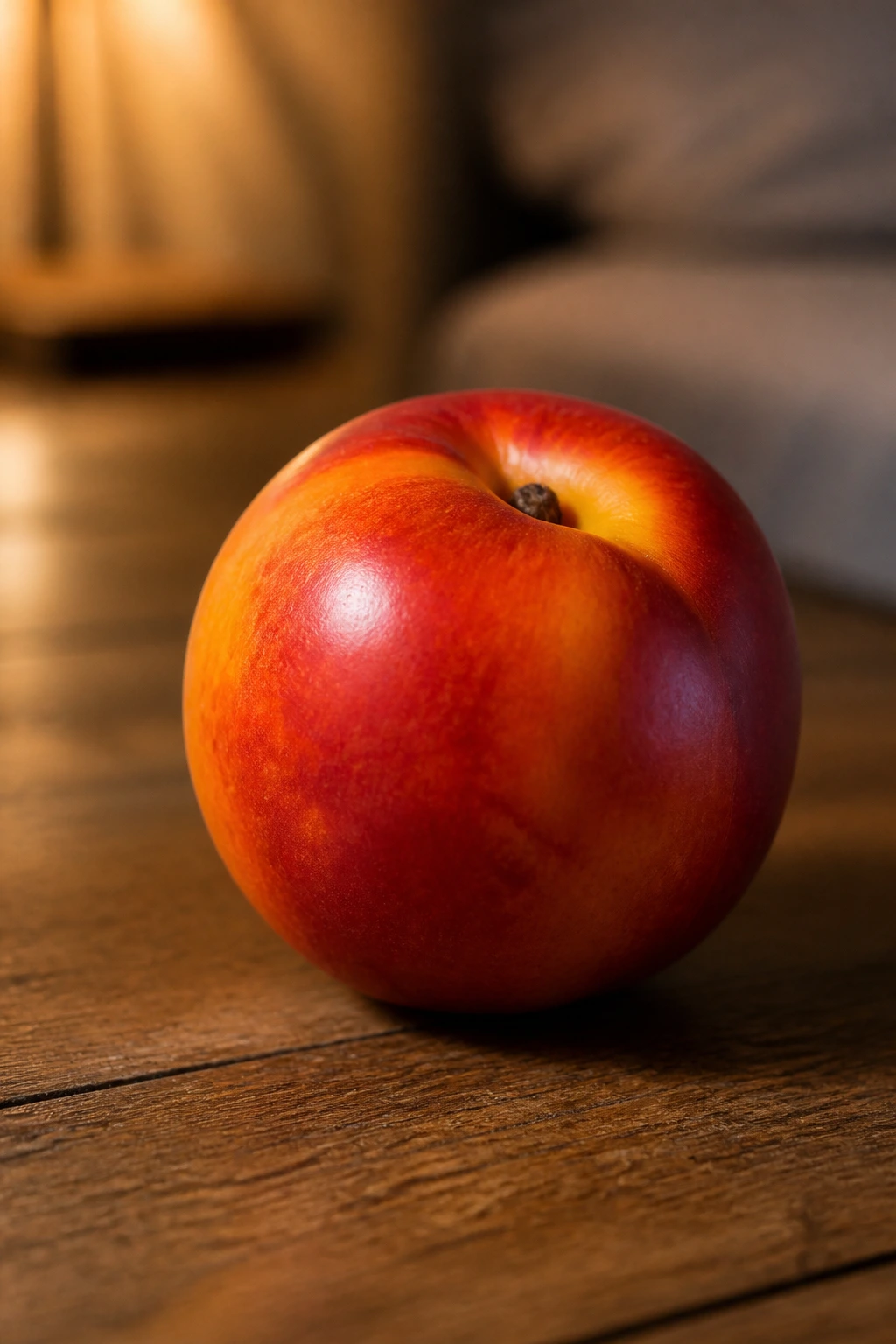 Nectarine on wooden table under soft evening light