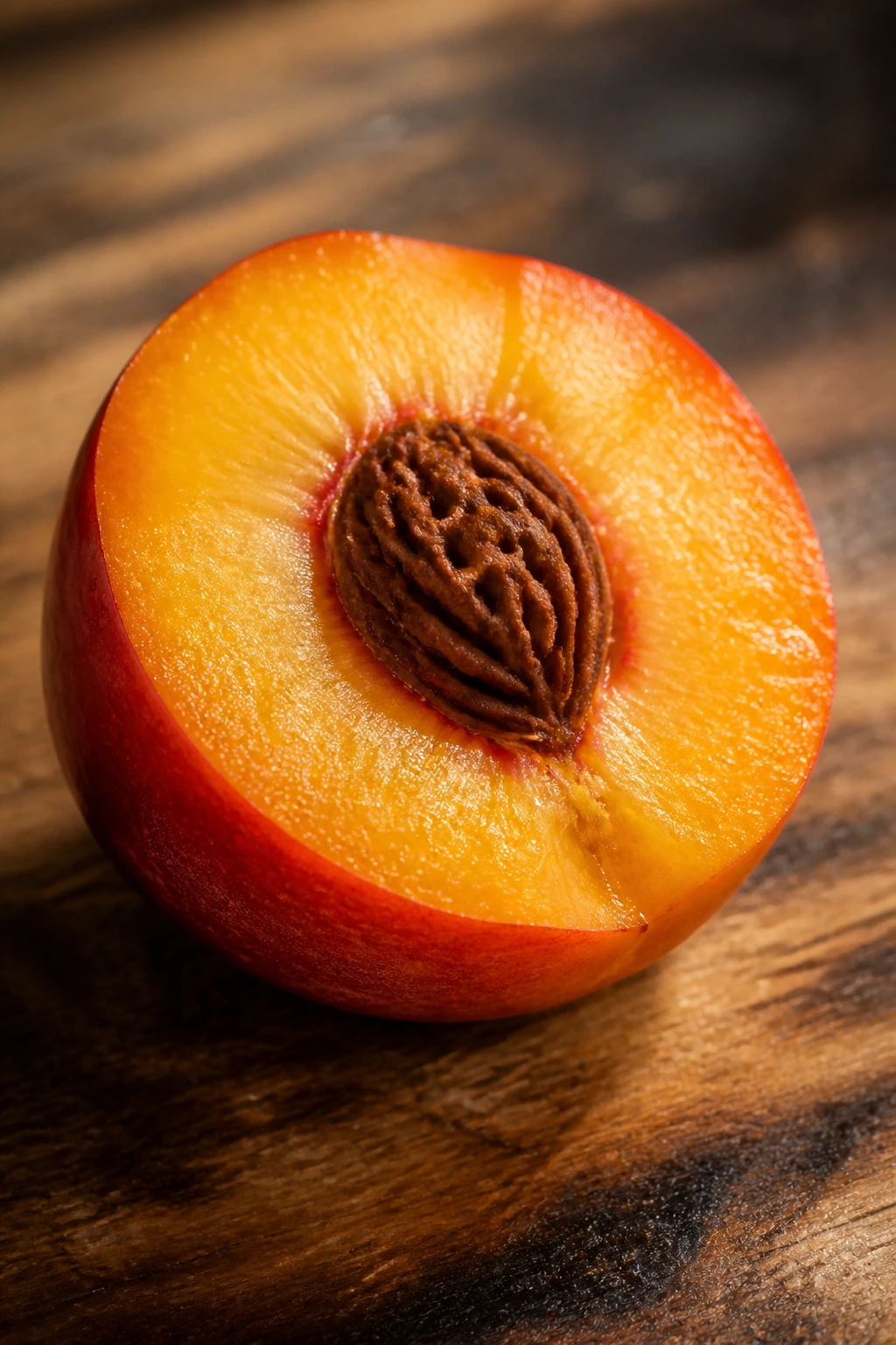 Close-up of a halved nectarine showing orange flesh on a wooden cutting board