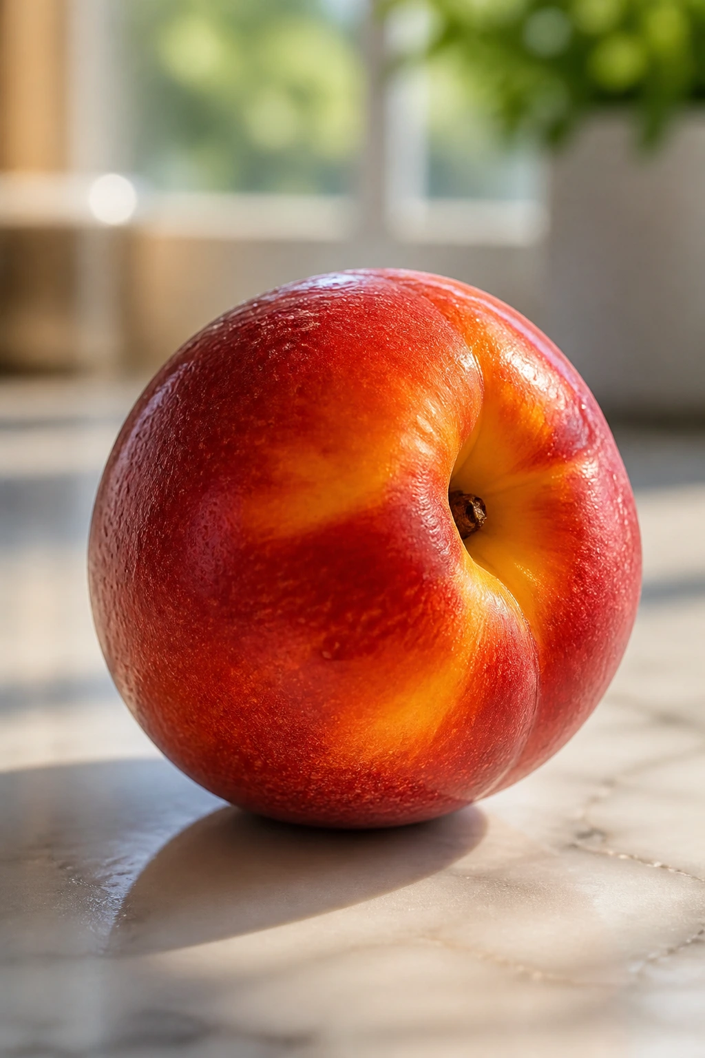 Bright nectarine on a sunlit kitchen counter
