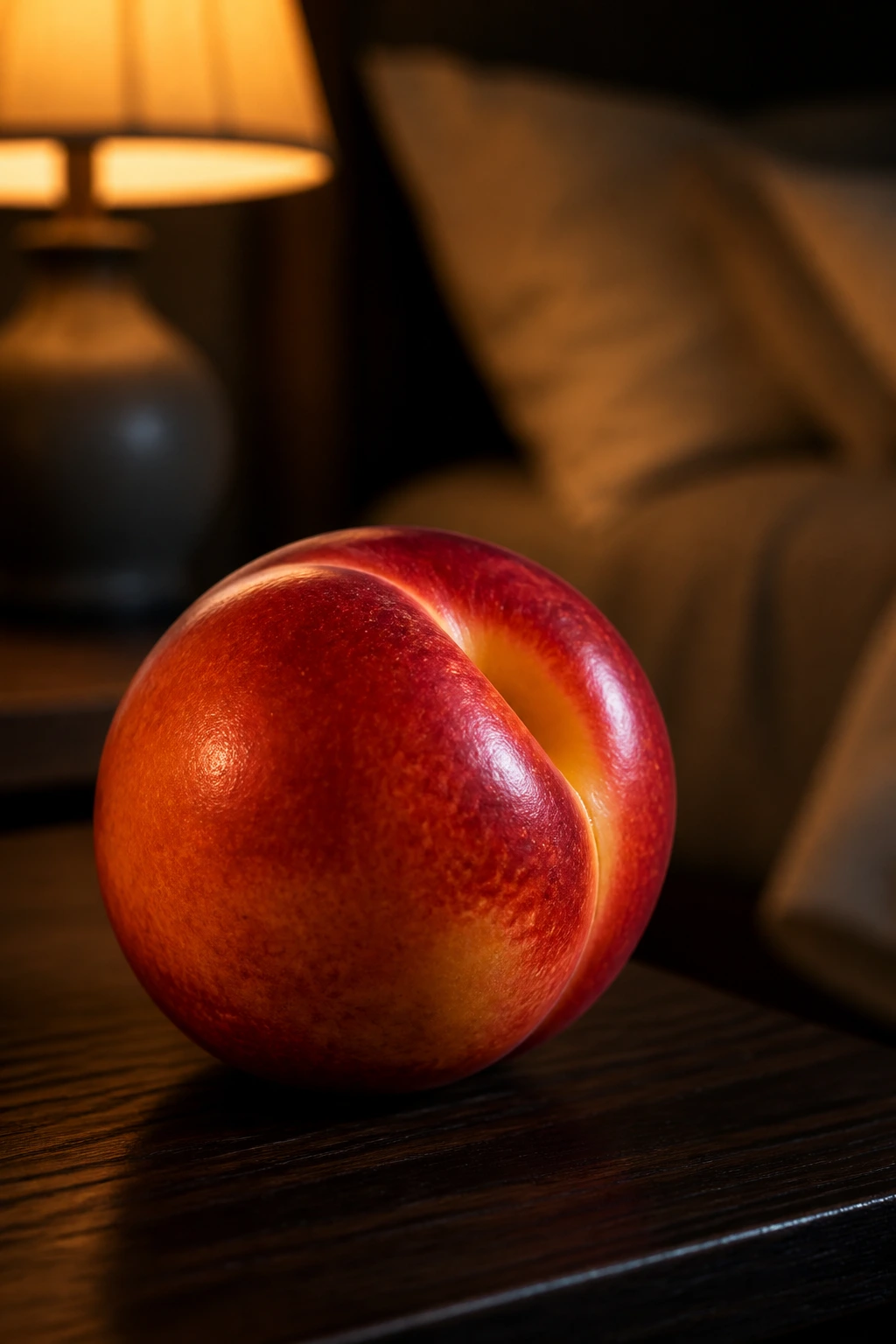 Nectarine on dark wood with warm night lighting