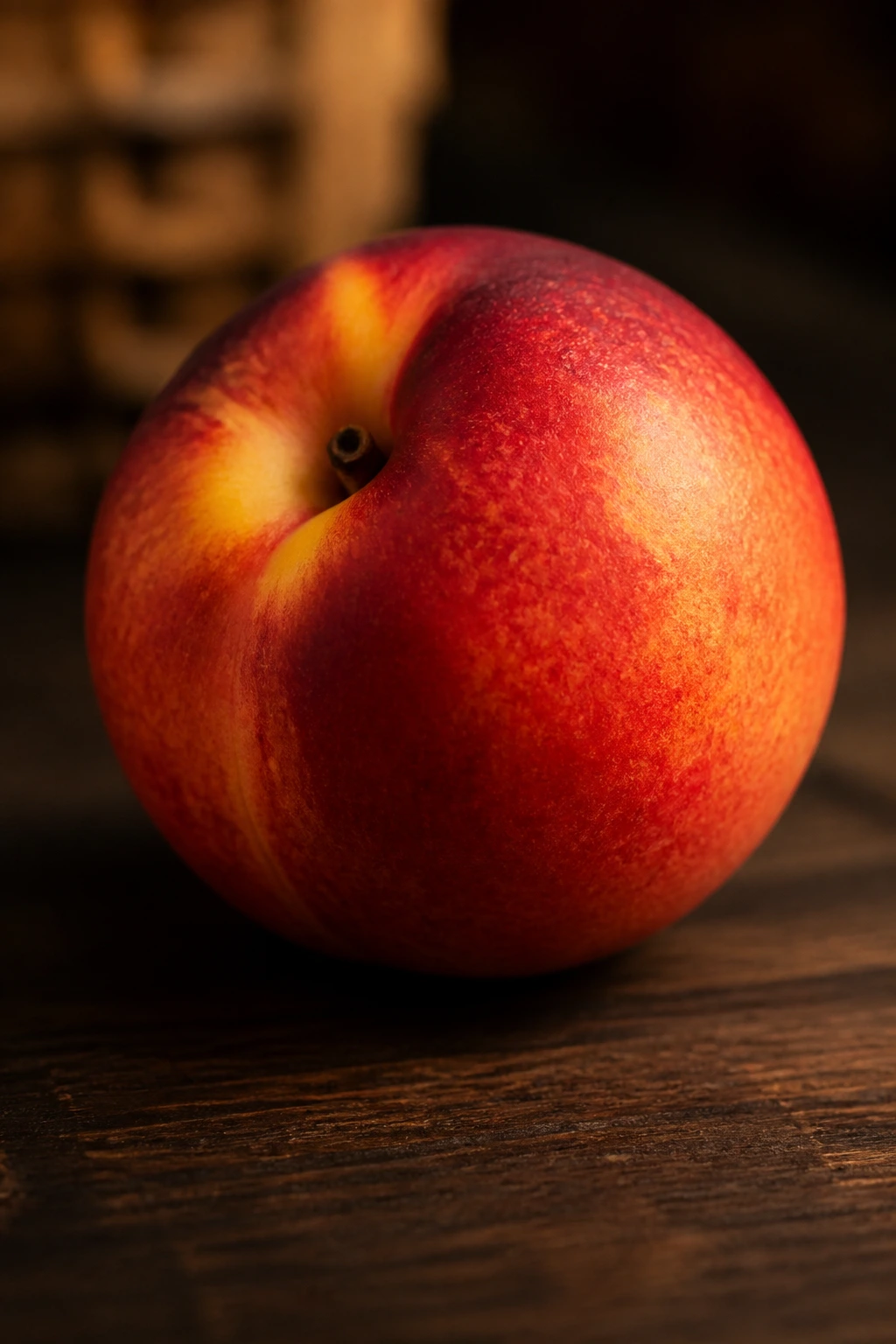 Close-up of a single nectarine on a warm wooden surface under soft light