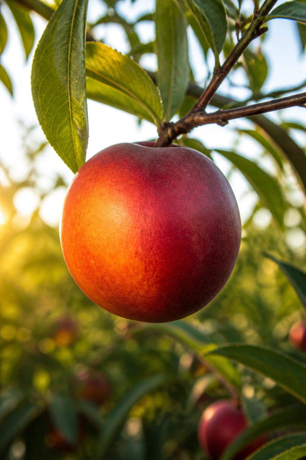 Is A Nectarine A Hybrid Fruit? No, And Here's Why 2 Nectarine hanging on branch in sunlit orchard