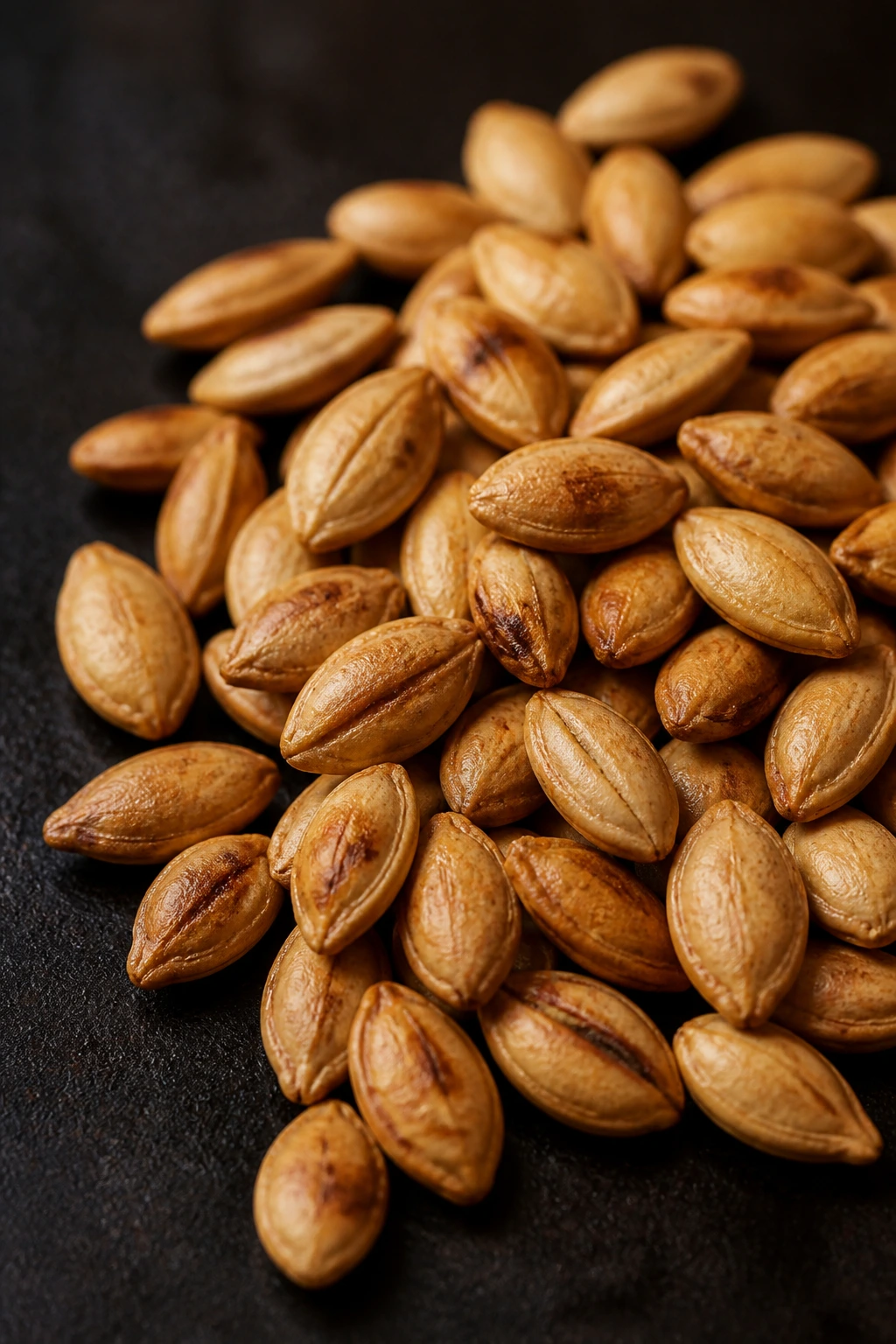 Are Orange Seeds Edible? Is It Okay To Eat Orange Seeds? 5 Small pile of roasted orange seeds on dark surface.
