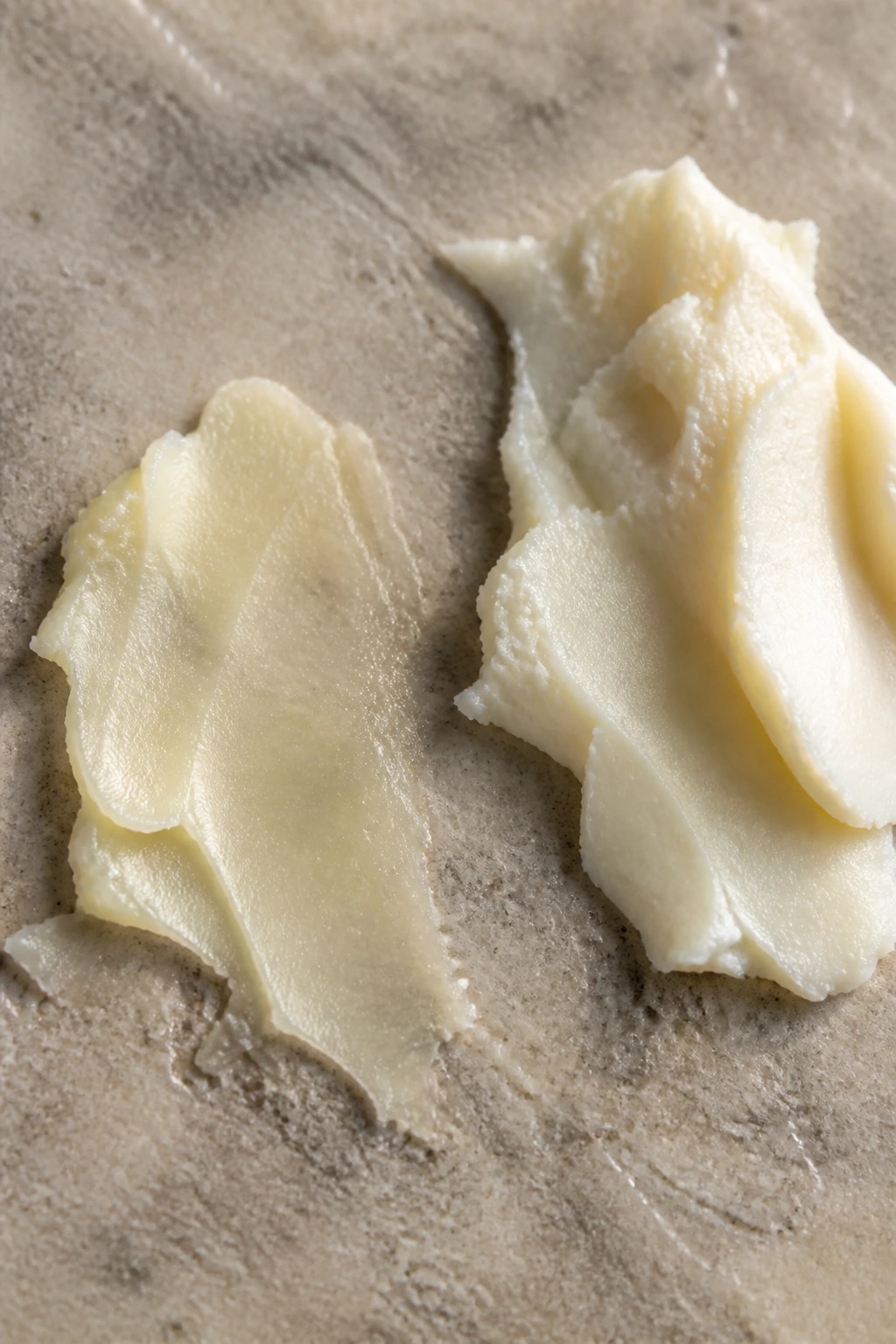 Butter swatches showing textures: silky mango vs thick shea