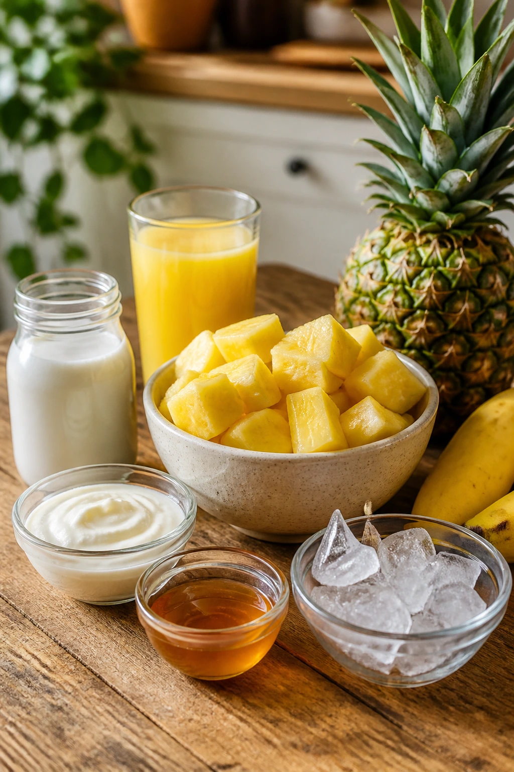 How To Make A Pineapple Surf Smoothie 1 Ingredients laid out for Pineapple Surf Smoothie: pineapple, banana, coconut milk, pineapple juice, Greek yogurt, ice
