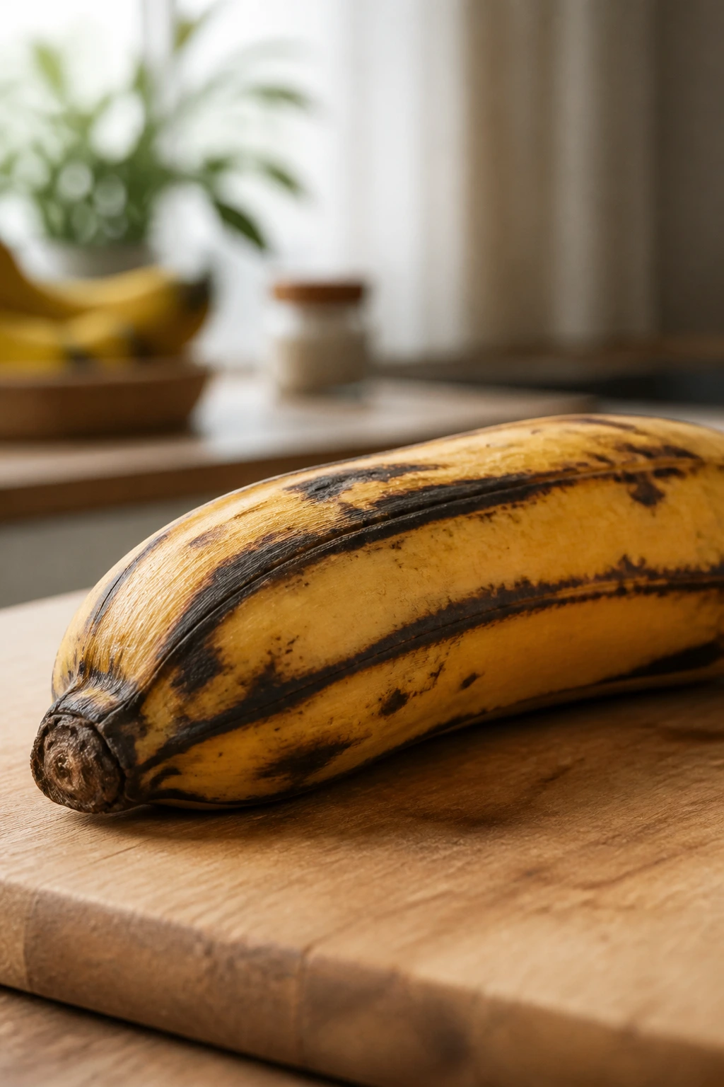 Ripe plantain on a cutting board ready to cook