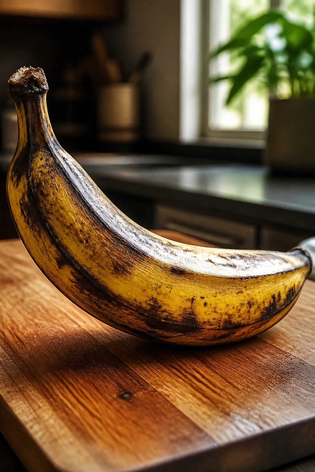 Close-up of a ripe plantain on a cutting board in a kitchen