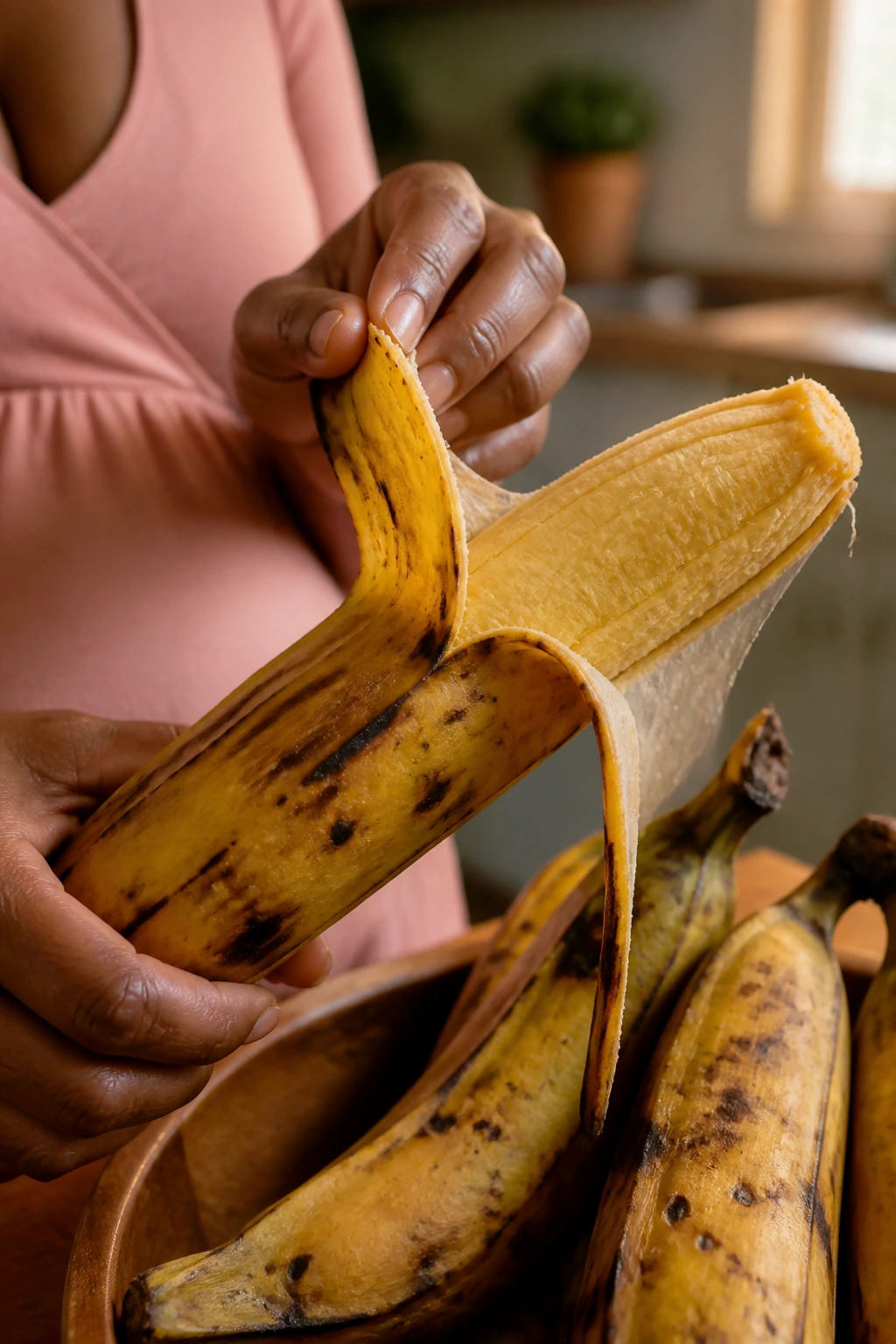 Hands peeling a plantain in a cozy kitchen