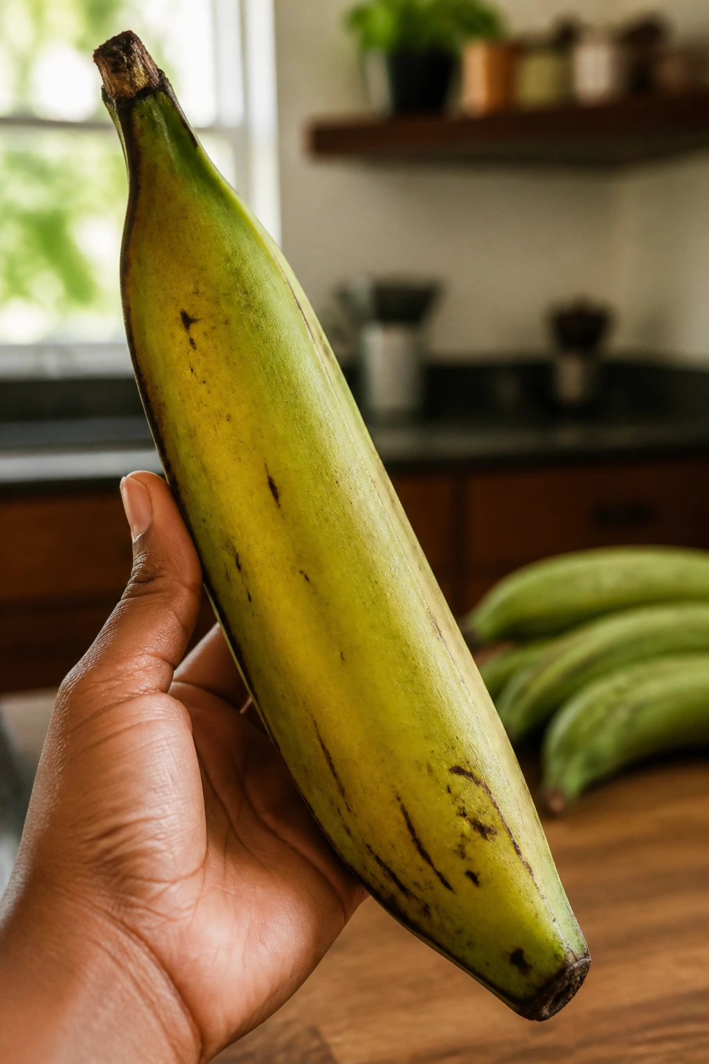 Close-up of a single plantain with green skin and slight yellowing, held in hand.