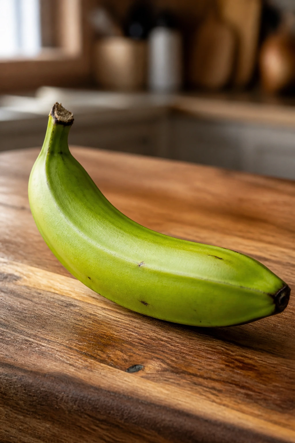 Close-up of a plantain with smooth green skin, no blemishes.