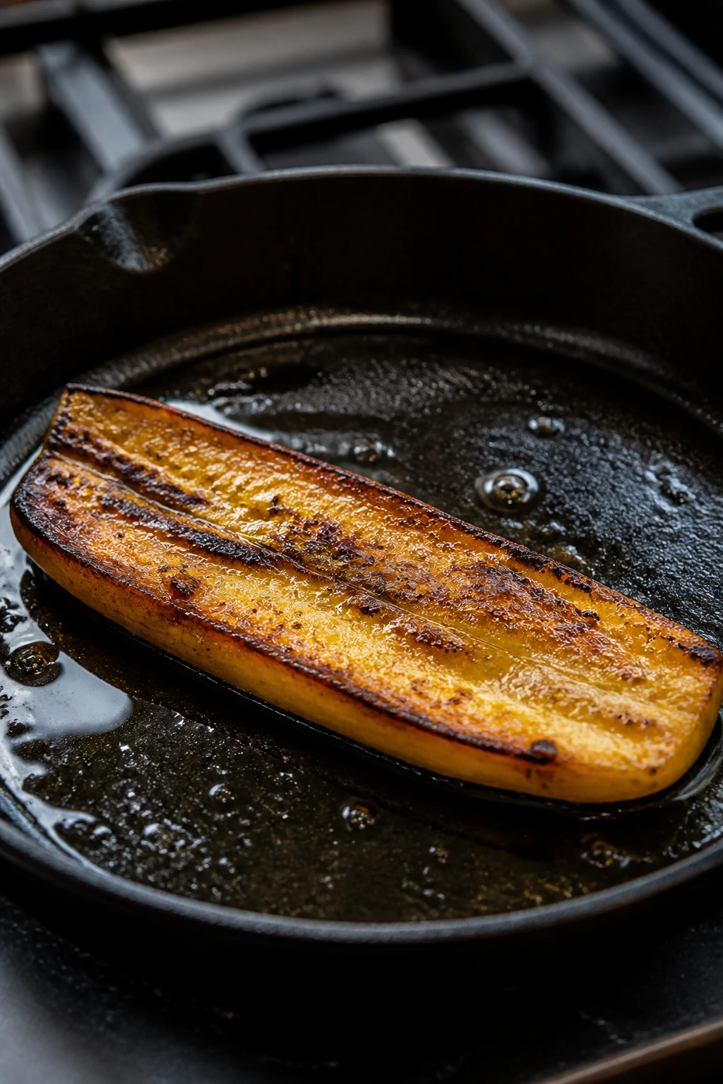 Plantain half frying in a skillet with oil