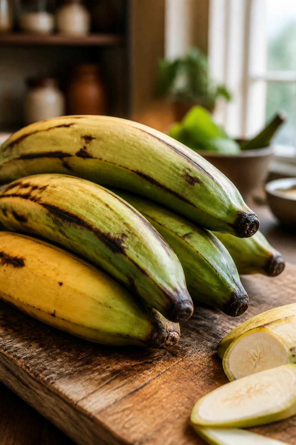 Can Cats Eat Plantains? All You Need To Know 1 Close-up of plantains on a cutting board in a warm kitchen