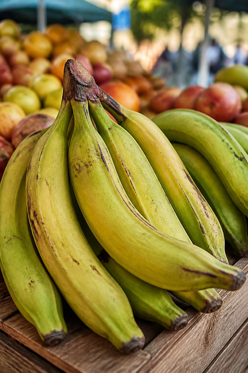 Fresh plantains at a farmers market display with green and yellow skins.