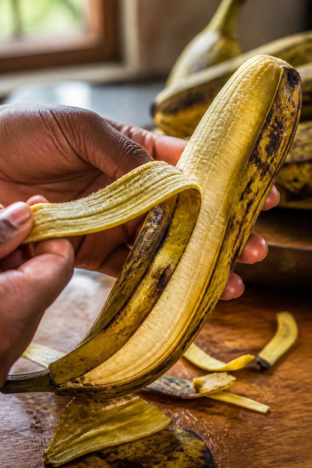 Close-up of a hand peeling a ripe plantain in a warm kitchen