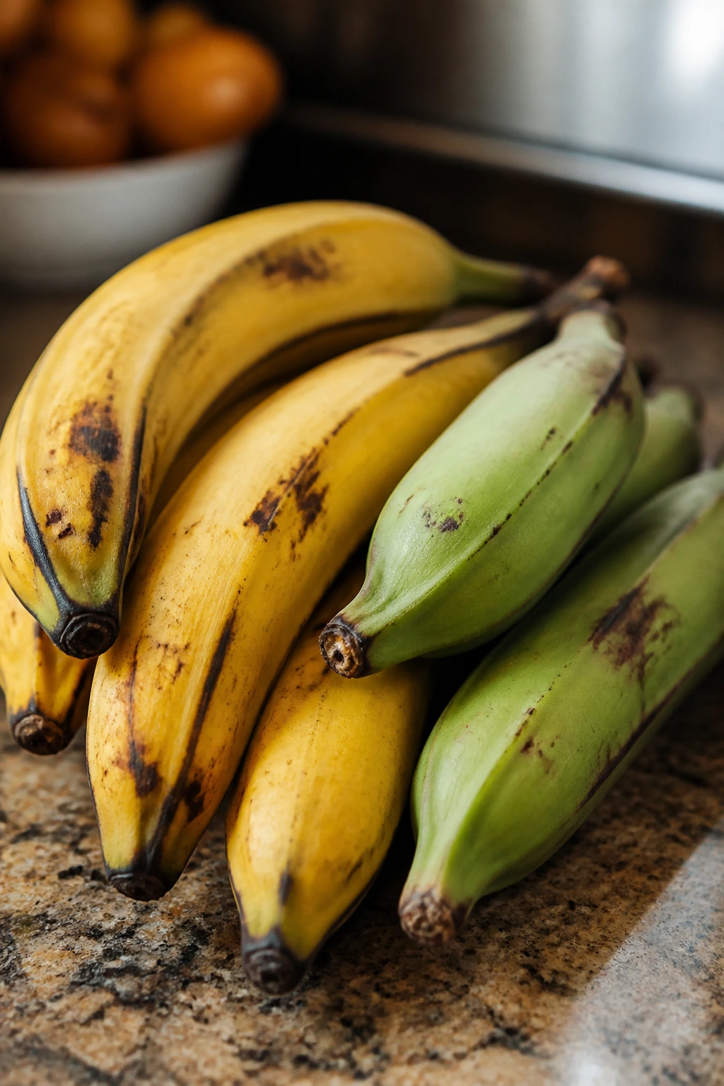 Group of ripe plantains on a kitchen counter.