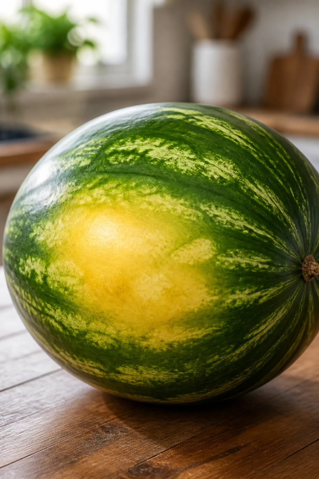 Close-up of a ripe watermelon with yellow field spot and smooth skin on a wooden surface