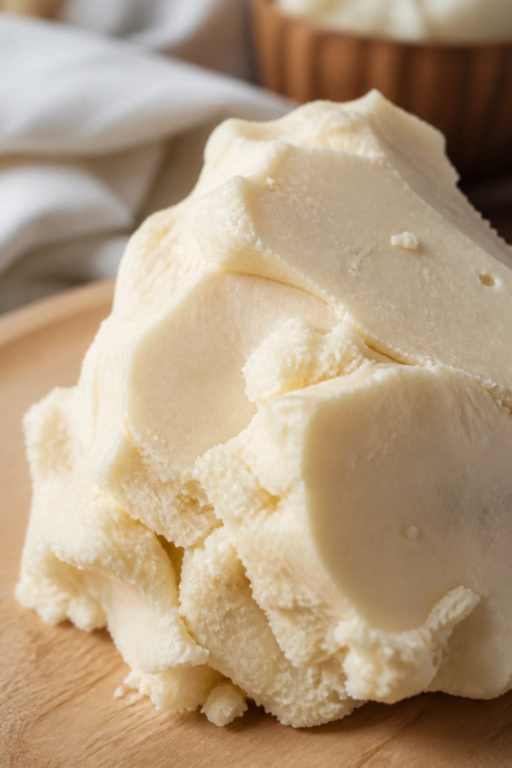 Close-up of shea butter lump on wood
