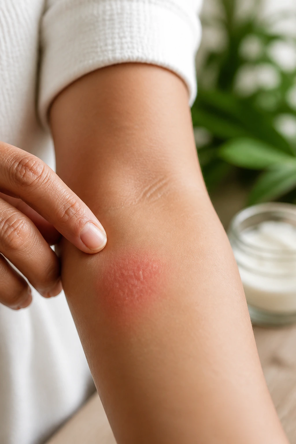 Forearm patch test showing mild redness in natural light