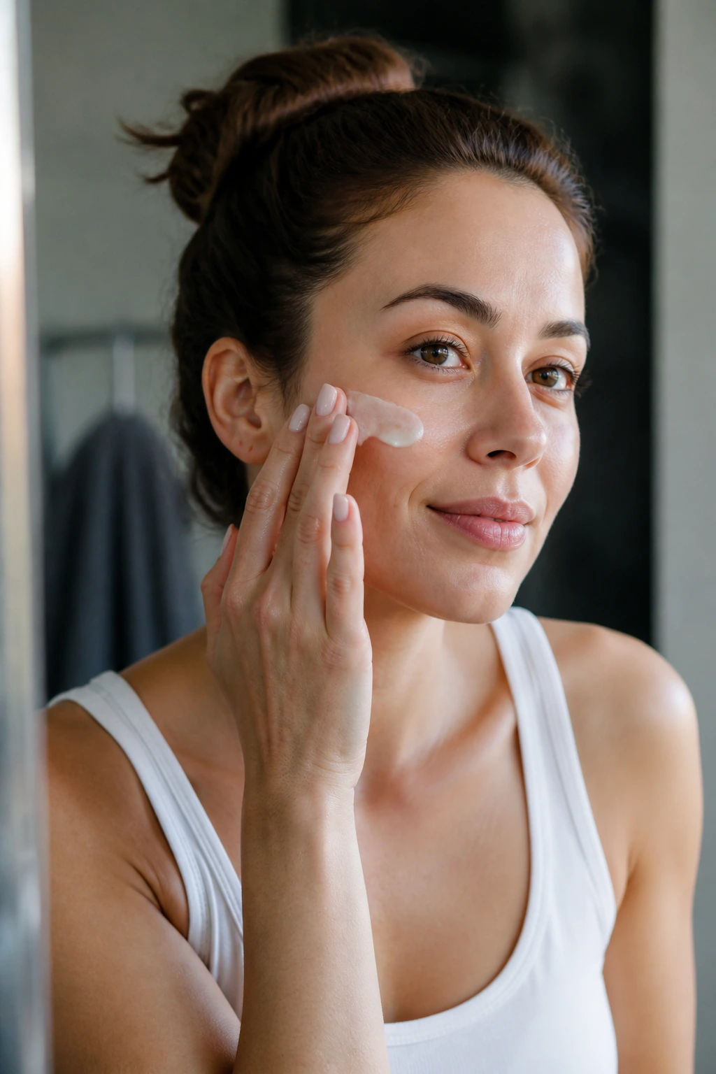 Portrait of a woman applying moisturizer on the cheek in a softly lit bathroom