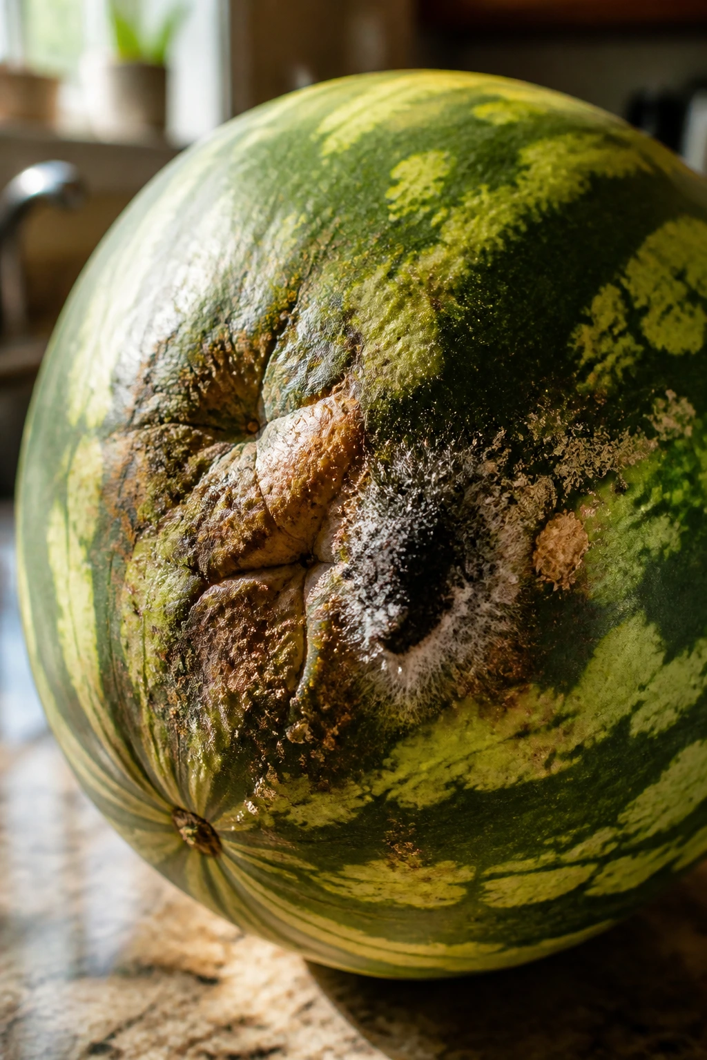 Close-up of a spoiled watermelon showing mushy spots and mold on rind in a kitchen setting
