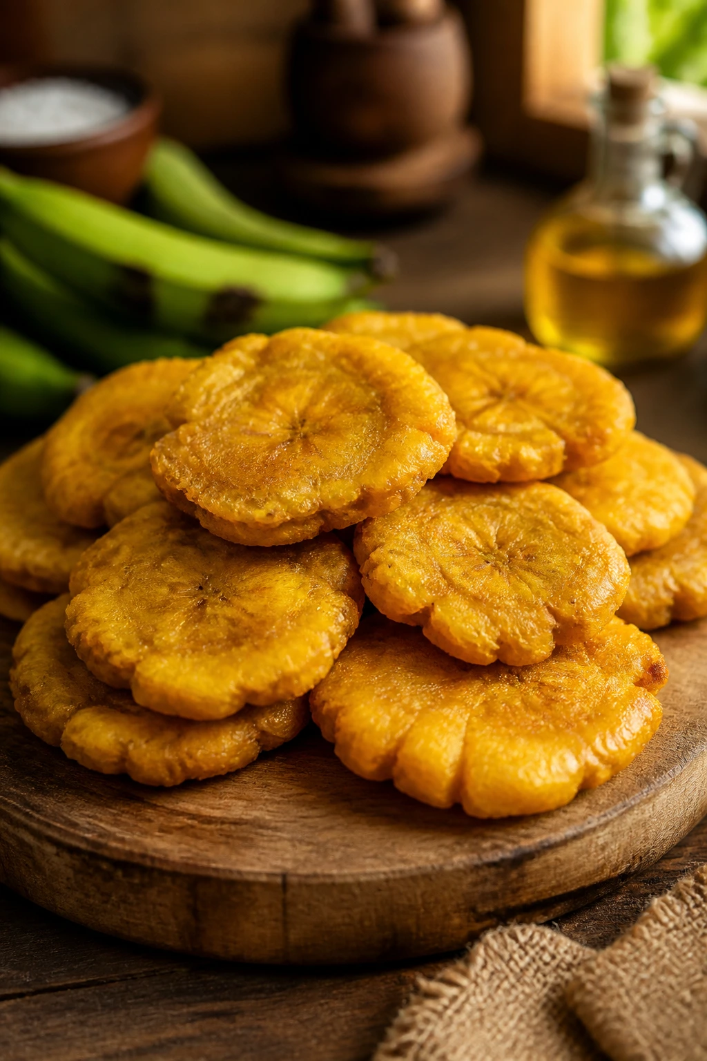 Plate of golden tostones stacked on a wooden board
