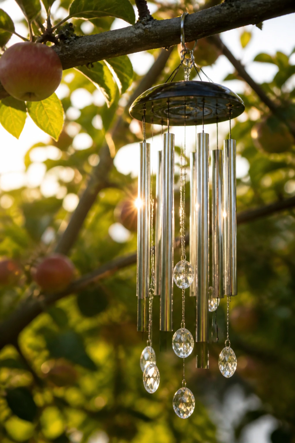 How to Protect Fruit on Trees from Birds 3 Wind chimes in a tree used to deter birds in a fruit garden