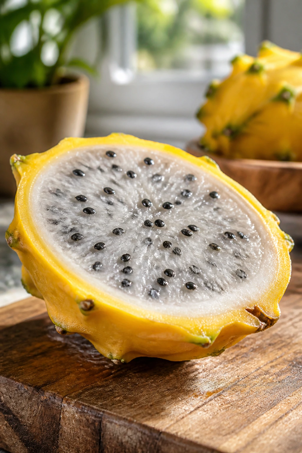 Is Yellow Dragon Fruit Good For Diabetes? Benefits & More 1 Close-up of halved Yellow Dragon Fruit showing white flesh with black seeds on a wooden cutting board