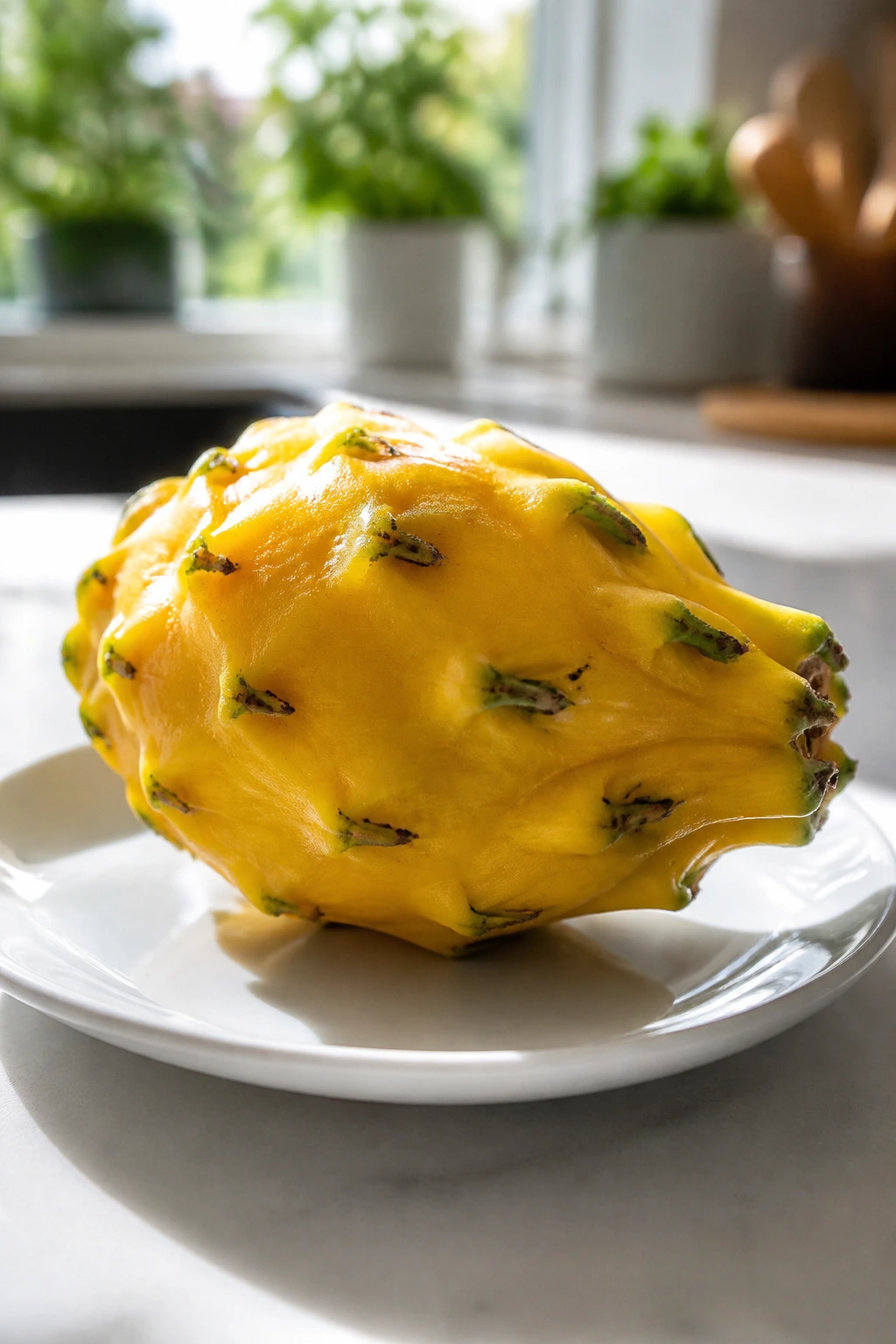 Is Yellow Dragon Fruit Good For Diabetes? Benefits & More 2 Whole Yellow Dragon Fruit on plate in bright kitchen